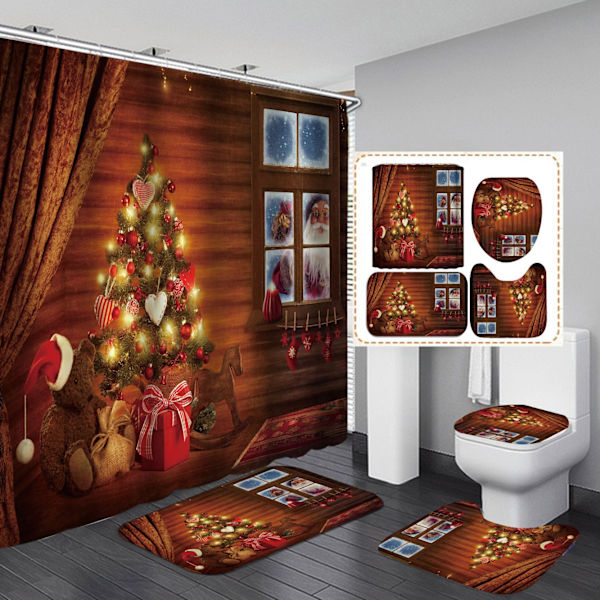 4-delad julduschsätt med halkfri matta, toalettlock och badmatta, julstrumpa, julgardin three-piece set