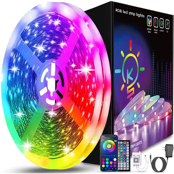 LED-Stripslys Bluetooth Smart App Musik Synkroniserende Farveskiftende RGB LED-Stripslys med Fjernbetjening og Strømadapter 10M