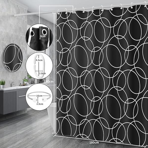 Dusjforheng, vaskbart, polyester med 12 ringer, 180*180cm