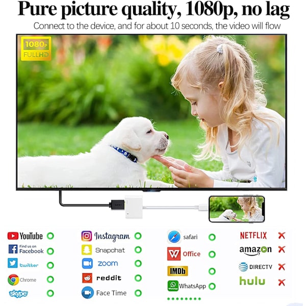 Lightning til HDMI-adapter til iPhone iPad iPod, 1080P Digital AV