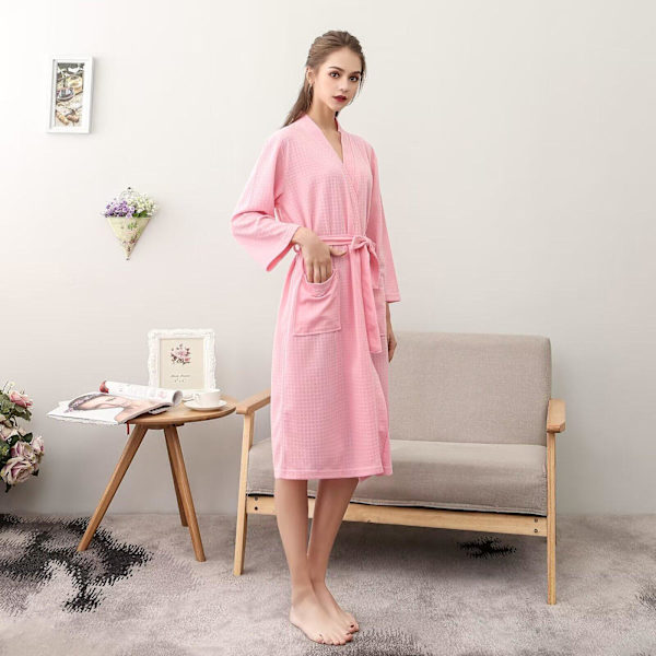 Dame Badekåbe Vandabsorberende Solid Waffle Badekåbe Spa Hjemmekjole Natkjole - Pink XL