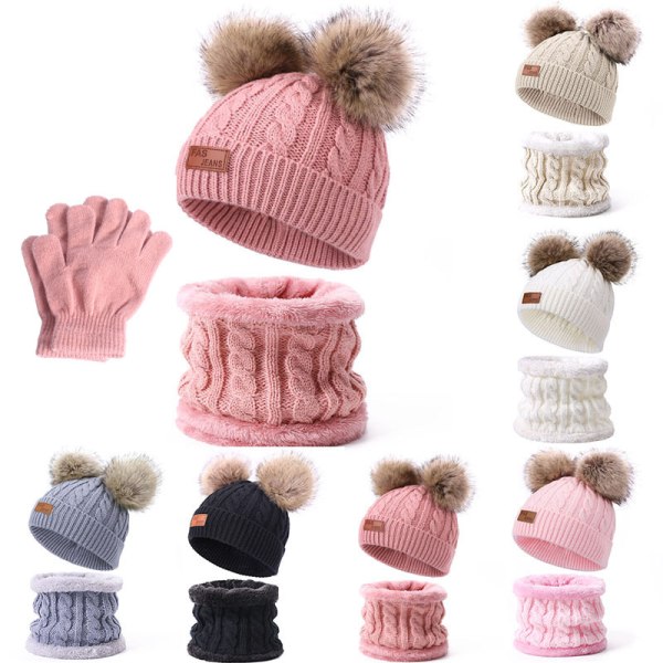 3-pack barn vintermössor och halsdukar - Babybeanie med dubbla pompom - Vintermössa för barn 1-8 år, pojkar och flickor. black