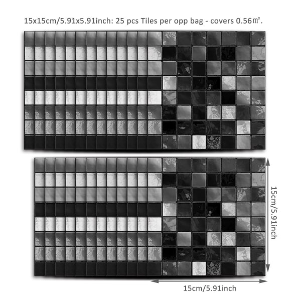 25 stk. Svart Mosaikk Bad Kjøkken Flis Klistremerker Soverom Dekor