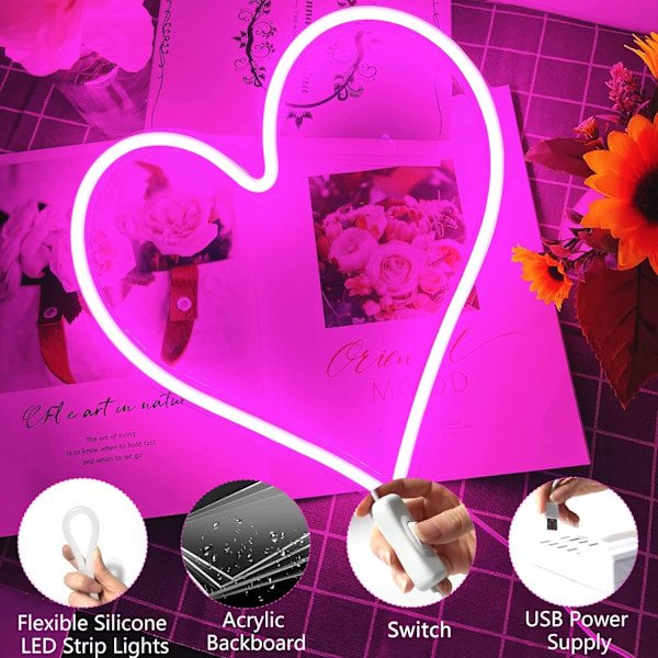 Neon skilte, LED Pink Heart Acrylic Neon skilt til vægkunstindretning,