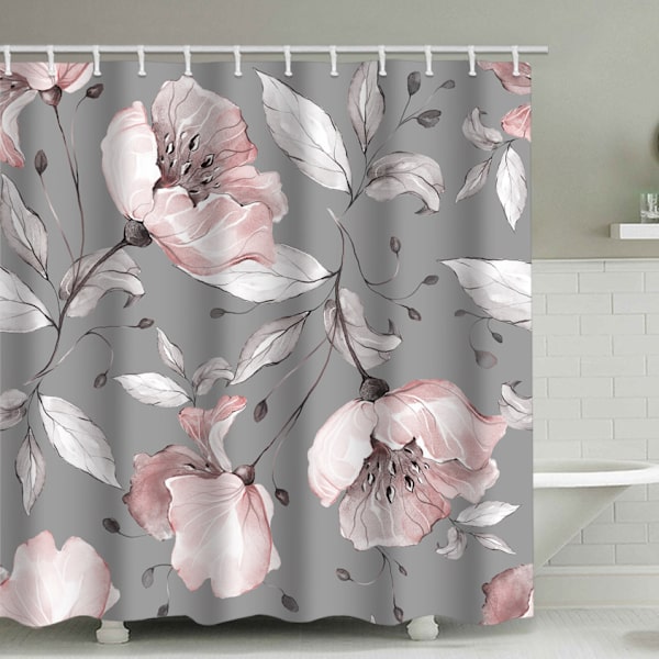 Grå Blomster Bruseforhæng, med 12 Plastikkroge 180*180cm