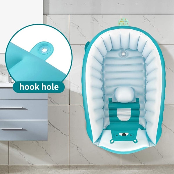 Oppustelig Badekar til Småbørn, Skridsikker Sikkerhed Tyk Pude Central Sæde, Bærbar Rejse Sædebade Baby Swimmingpool til 0-5 År, Blå