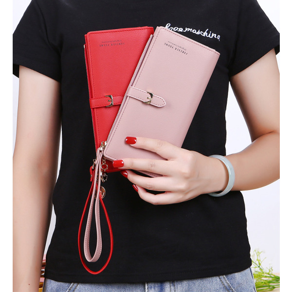 Kvinnors hand som håller lång plånbok mobiltelefonväska - svart