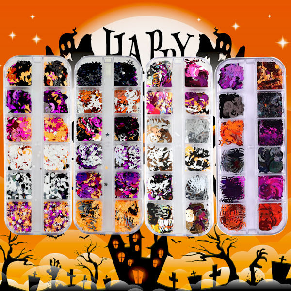 4 lådor Halloween Nail Art Glitter Sequins, 3D Holographic Skull