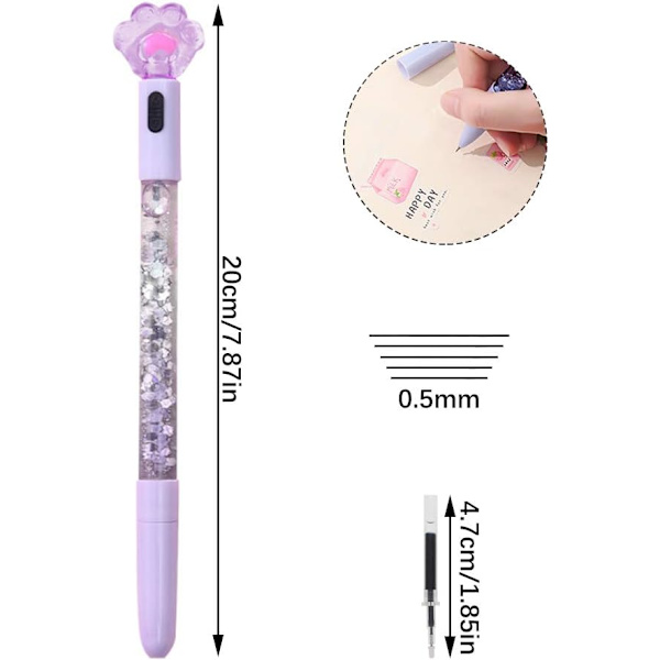 8 søde kuglepenne Kawaii sjove kuglepenne, 0,5 mm glødende katteklo lysende kuglepen