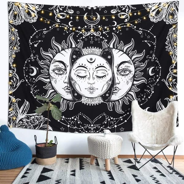 Sol og måne tarot-teppe psykedeliske sorte astronomiske tepper