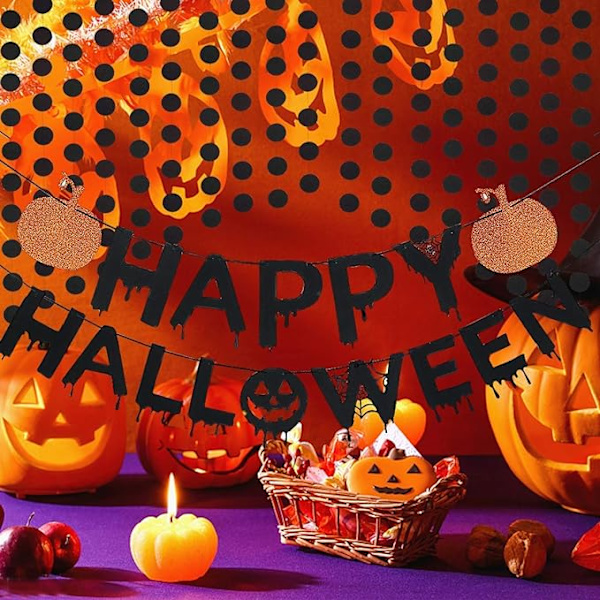 Græskar Glad Halloween Banner Sort Glitter og Halloween Circl