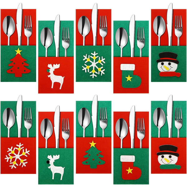10 st julbestickpåsar i filt, bestickset, snögubbe, rei