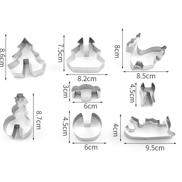 Et sett med 8 rustfrie stålbakeutensiler 3D tredimensjonalt