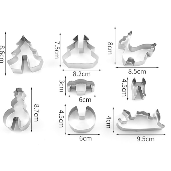 Et sett med 8 rustfrie stålbakeutensiler 3D tredimensjonalt