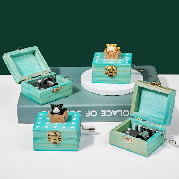 Presentförpackad trä handvev mini musikbox med söt katt Gray