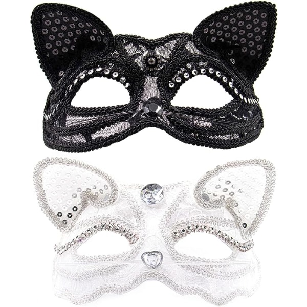 Cat Masquerade Mask Lyxig sexig kattmask med pärlor dekoration 2PCS