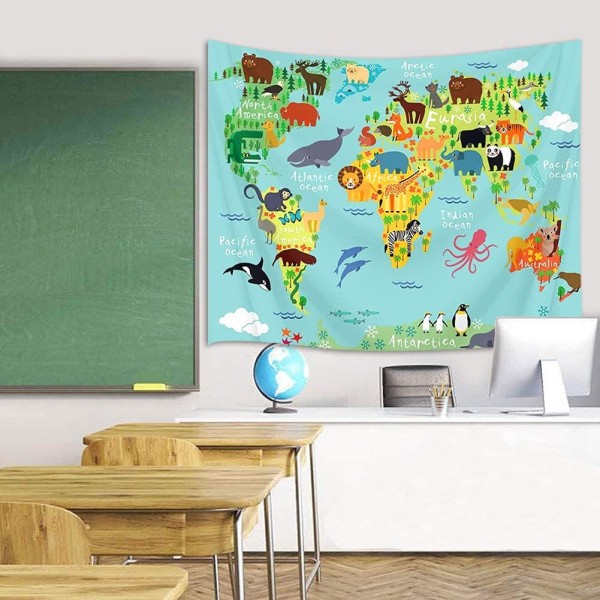 Pedagogisk gobeläng för barn, världskarta, världskarta tecknad Prin