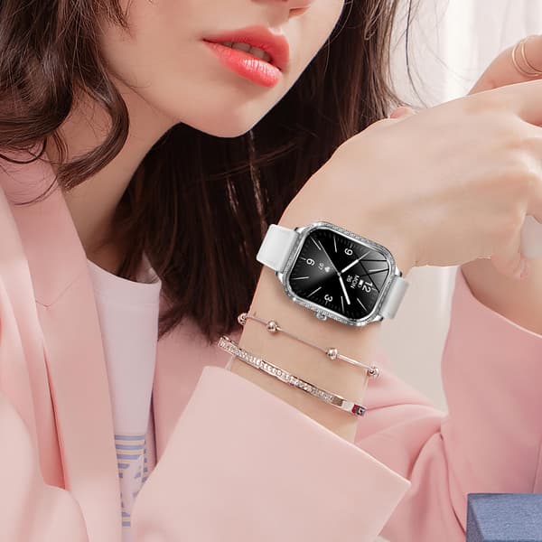 1,75\" HD Diamonds smartklokker for kvinner, svar/ring treningsmåler for Android iOS-telefoner med pulssøvnmonitor skritteller Silver