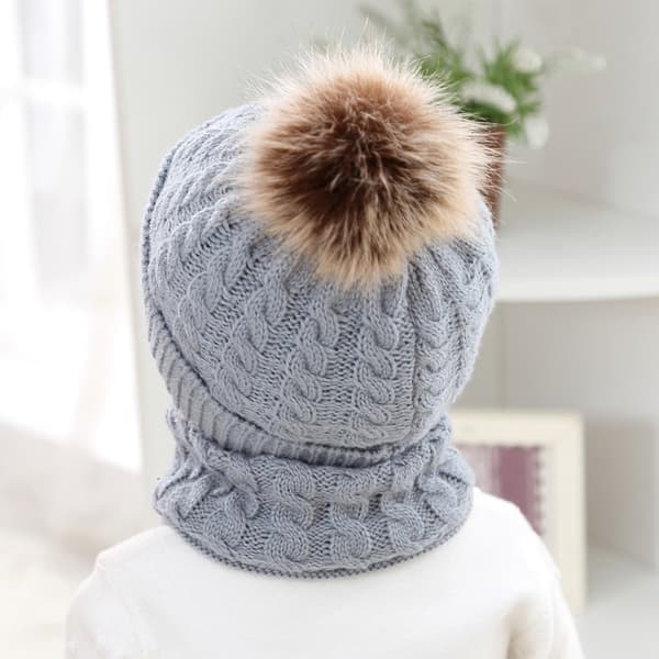 Barn Varm Stickad Mössa Vinter Halsduk Set Akrylfiber Pälsboll Ba