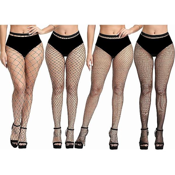 4-pack Plus Size Fisknätstrumpor, Svarta Fisknät Strumpbyxor Lårhög