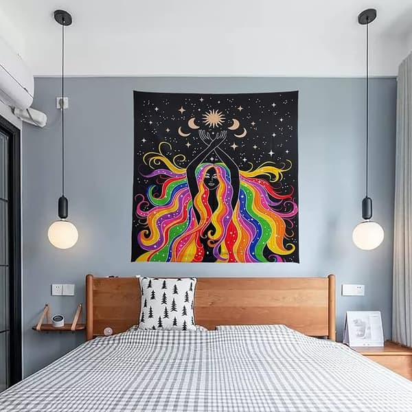 Boho lodret gobelin æstetiske gobeliner sol og måne gobelin