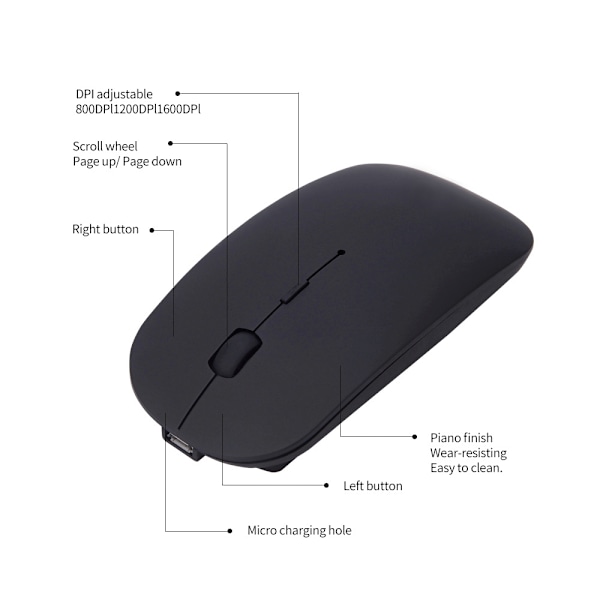 2.4 GHz:n ladattava langaton Bluetooth-hiiri, hiljainen kaksoisnapsautus
