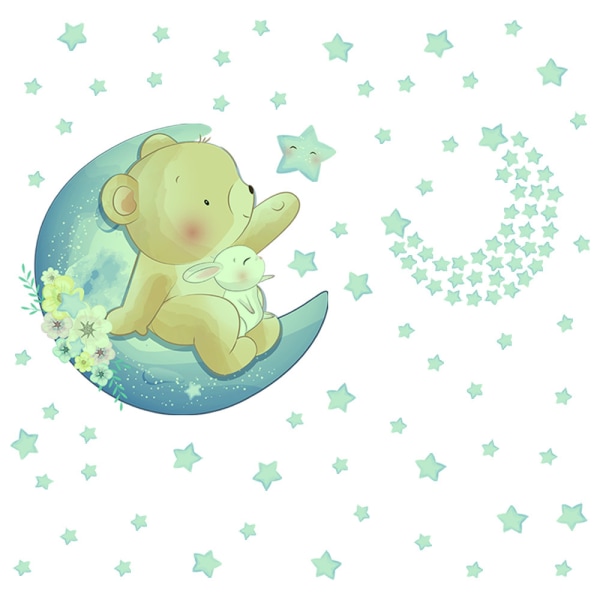 Bear Moon Star Glow Wall Sticker Cartoon Animals Nursery Room Be