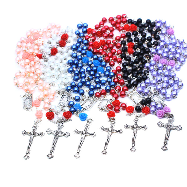 5 stk. 6mm lyserøde perler rosenkrans halskæde kors smykker
