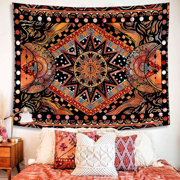 Orange Sun and Moon Väggbonad, Cool Indie Hippie Mandala Vägg