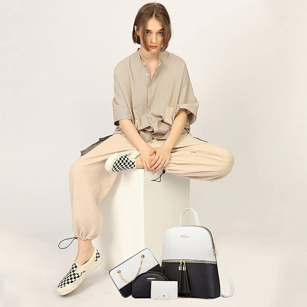 4-delad dammode-plånbok, axelväska, ryggsäck, kortfodral-set, svart & vitt