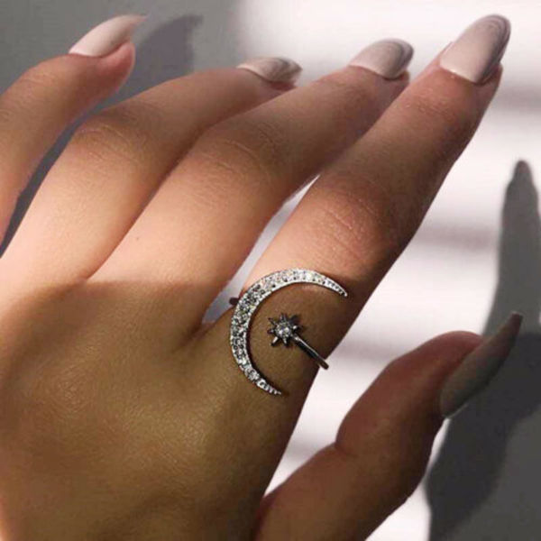 Fashion Star Moon Shape Silver Plated Open Ring Cubic Zirconia R