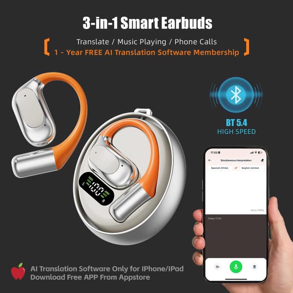 AI-oversettelsesørepropper i sanntid, 3-i-1-oversetter med APP, Bluetooth-ørepropper for 144 språk, trådløse hodetelefoner for iOS Android Reise Virksomhet Silver