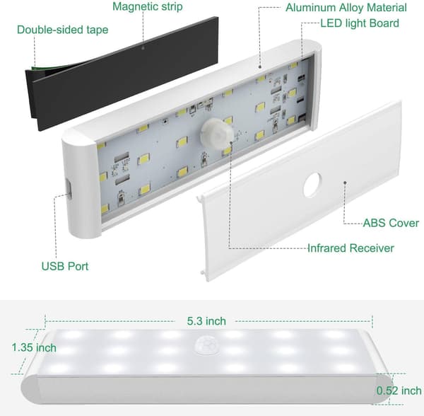 LED-skaplys, 24 LED-dimmer, USB-oppladbar bevegelsessensor,