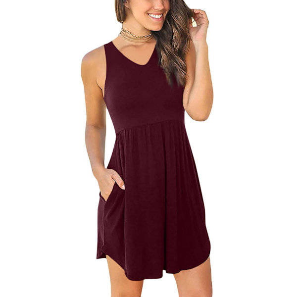 Naisten kesä V-kaula-hihaton yksivärinen mekko - Burgundy XL