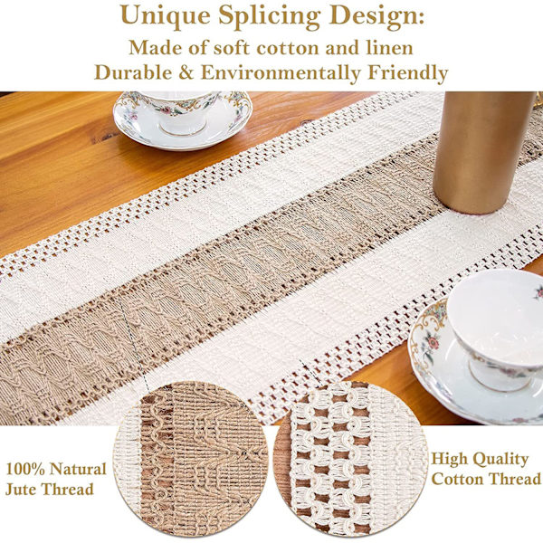 Naturlig Burlap Bordløber, Spliced ​​Bomuld Boho Bordløber