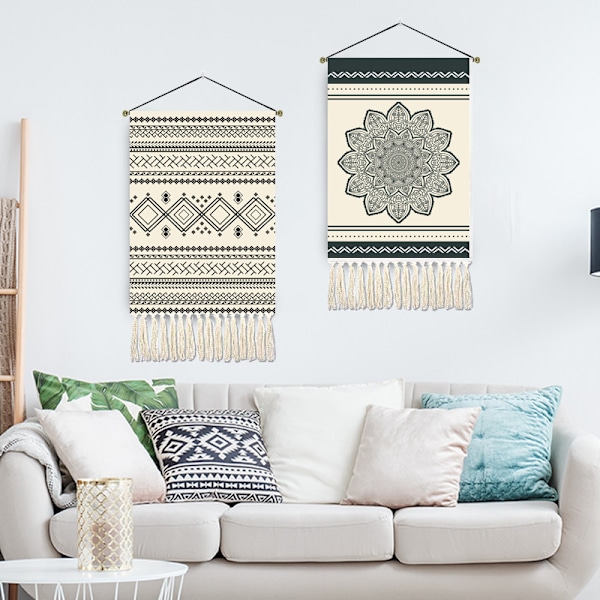 2 stycken Macrame vävda gobelänger Bohemian Mandala gobelänger Geom
