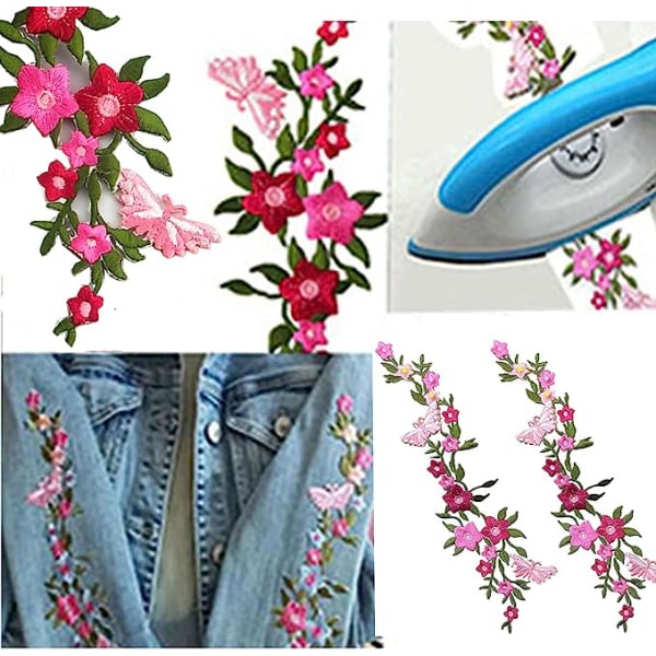 2 st fjärilar blomma broderade lappar för kläder, väskor