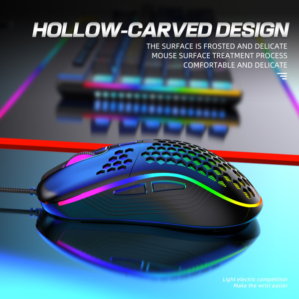 1-pack ihålig mus trådbunden mekanisk spelmus med färg LED