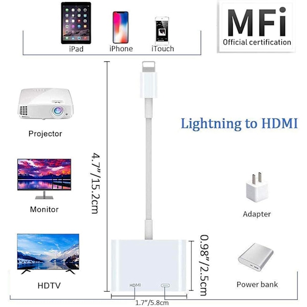 Lightning til HDMI-adapter til iPhone iPad iPod, 1080P Digital AV