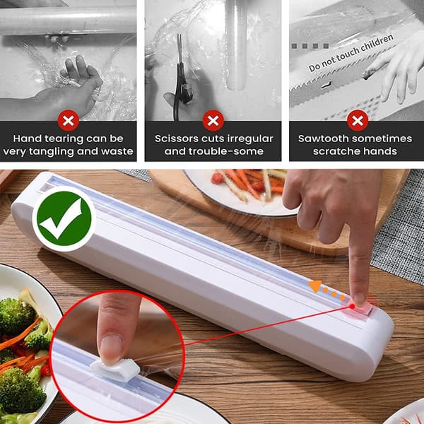 Dispenser for plastfolie med kutter. Glidende påfyllbar klamrefilm