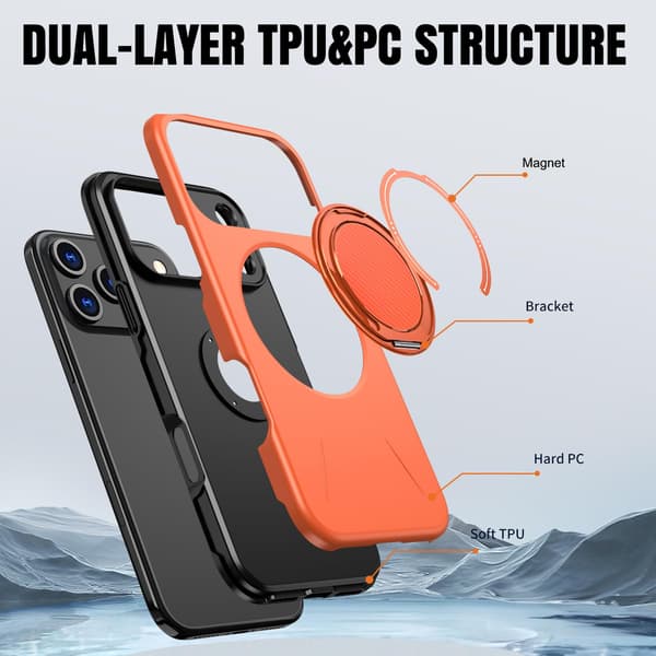 Lämplig för iPhone 16 PRO MAX magnetiskt telefonfodral, stötsäkert telefonfodral, med 360° roterande metallringstativ (stöder MagSafe) Orange