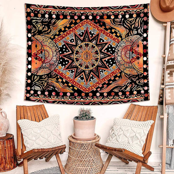 Orange Sun and Moon Väggbonad, Cool Indie Hippie Mandala Vägg