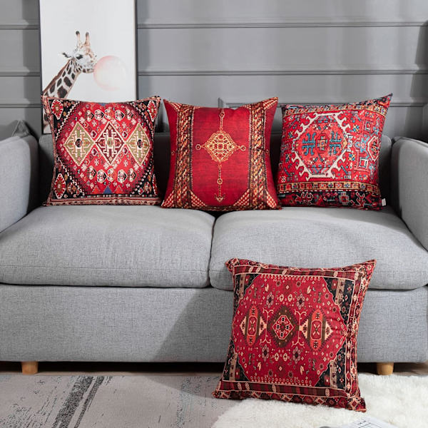 Geometriske putetrekk i persisk kilim-design, sett med 4
