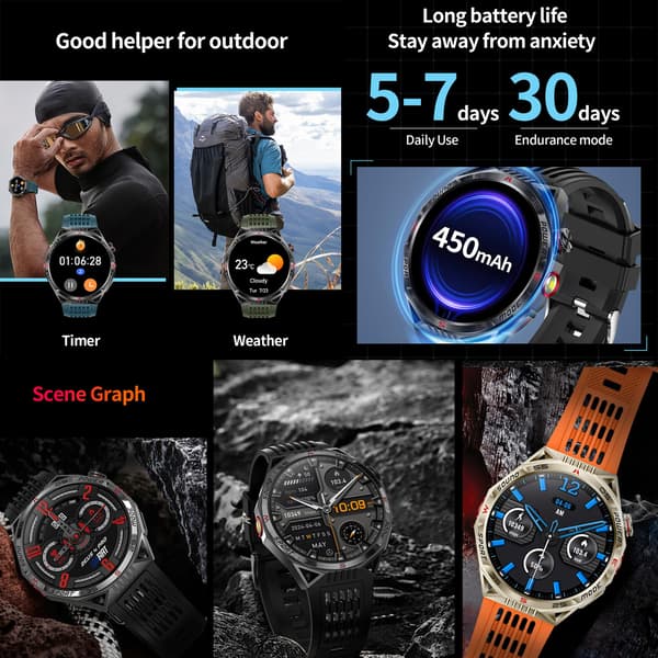 1,85” AMOLED Smartklocka för män (svara/ringa samtal), LED-belysning, IP68 Fitnessklocka med puls, SpO2, blodtryck för Android iPhone Blue