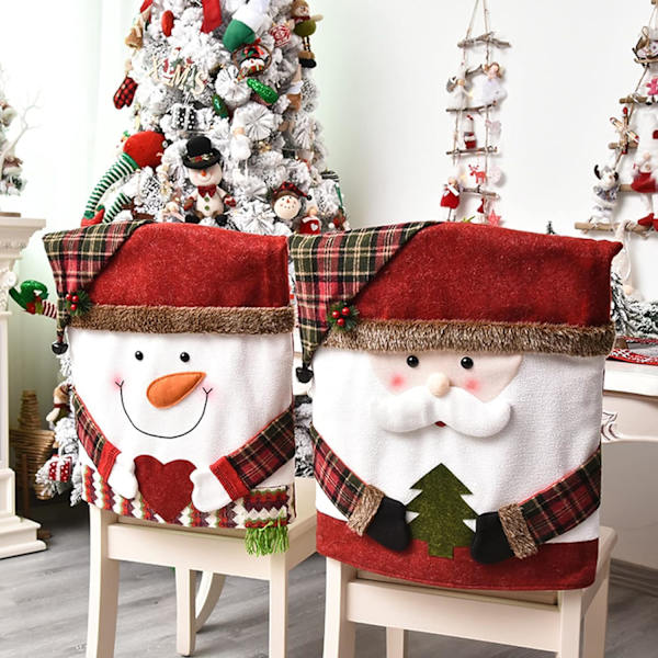 Set med 2 julstolsryggar, tomte, snögubbe, ren