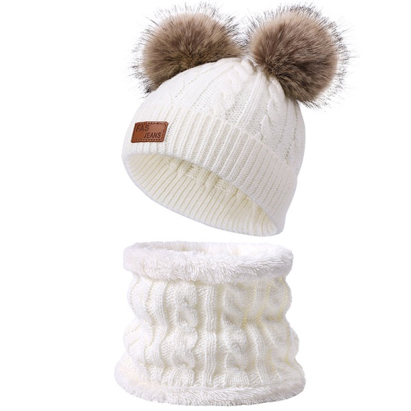 2-pack barn vintermössor och halsdukar, baby mössa med dubbla pompom, vintermössa för barn 1-8 år, pojkar och flickor. White