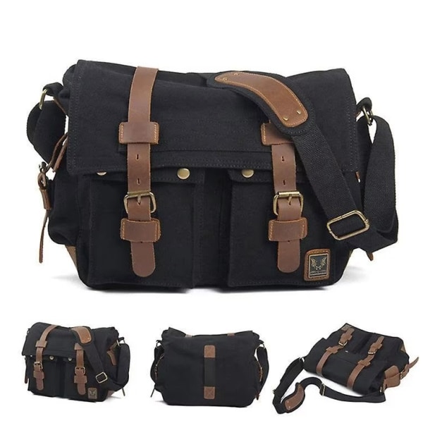 Vintage Læder Canvas Laptop Taske Messenger Tasker Medium, Canvas Kamera Taske Vintage DSLR SLR Messenger Skuldertaske - Grå