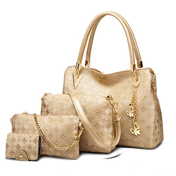 4 stk. Kvinders Mode Læder Håndtasker Tote Bag Skuldertaske Top Håndtag Satchel Pung med Vedhæng Sæt - Guld