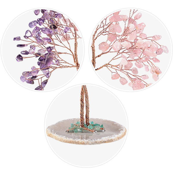 Handgjord Kristallpengaträd med Agatbas, Livets Träd Feng Shui Bonsai Heminredning för Kärlek, Lycka och Välstånd, Ametist & Rosakvarts