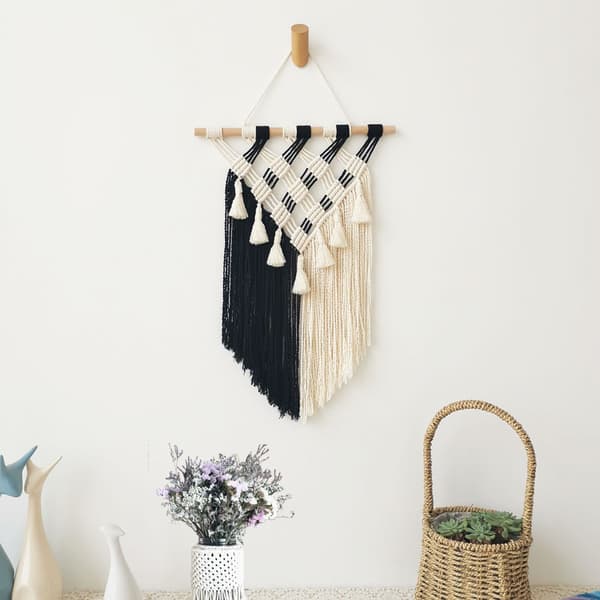 Väggbonad, svartvit väggkonst, liten boho vävd gobeläng